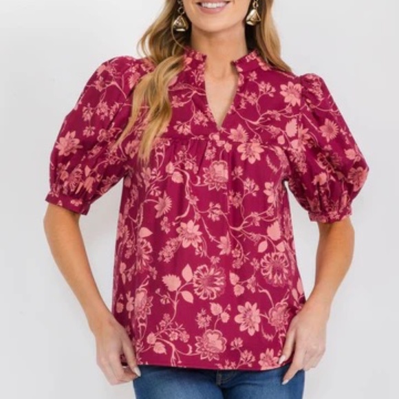 Sugarlips Tops - WOMEN'S SHORT PUFF SLEEVE V-NECK 100% COTTON FLORAL BLOUSE
